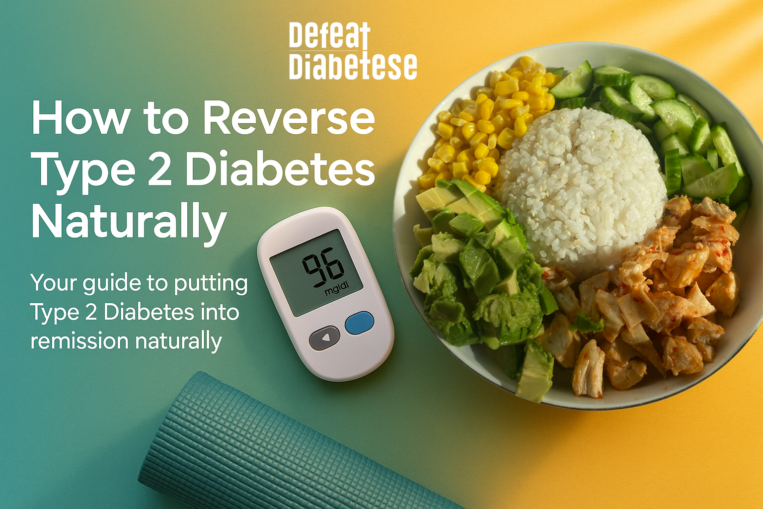 reverse type 2 diabetes naturally with healthy Indian food, yoga mat, and glucose meter