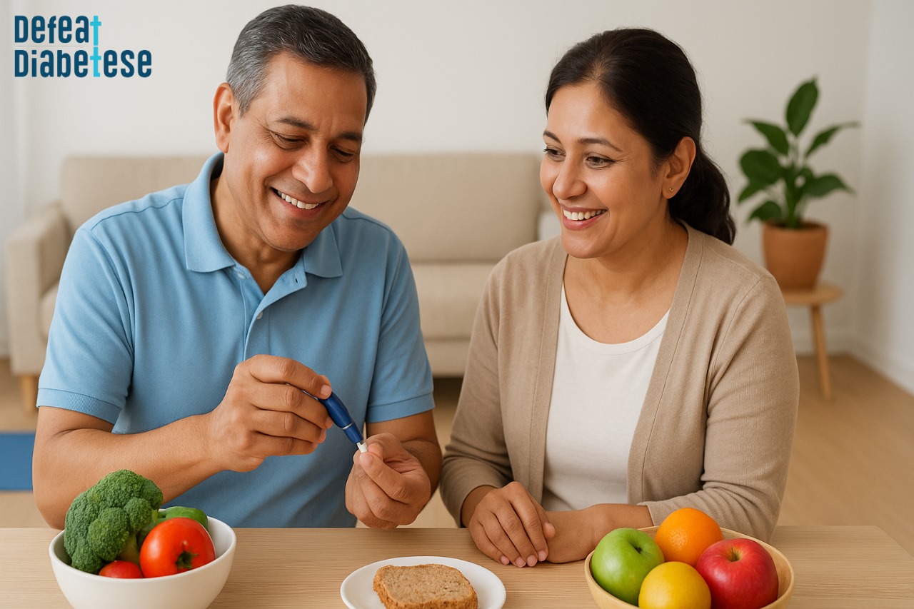 Middle-aged Indian man smiling while checking blood sugar at home, sitting at a table with a healthy meal in a bright mint-green kitchen — symbolizing positive diabetes management and healthy lifestyle.