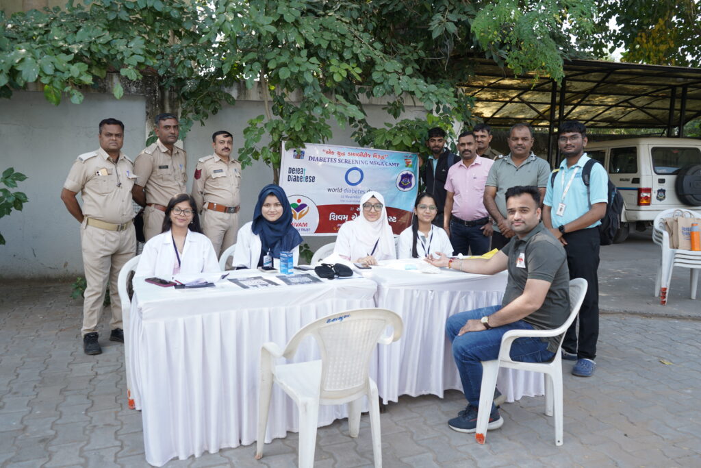 Diabetes Screening Mega Camp setup with police officers and medical staff outdoors.