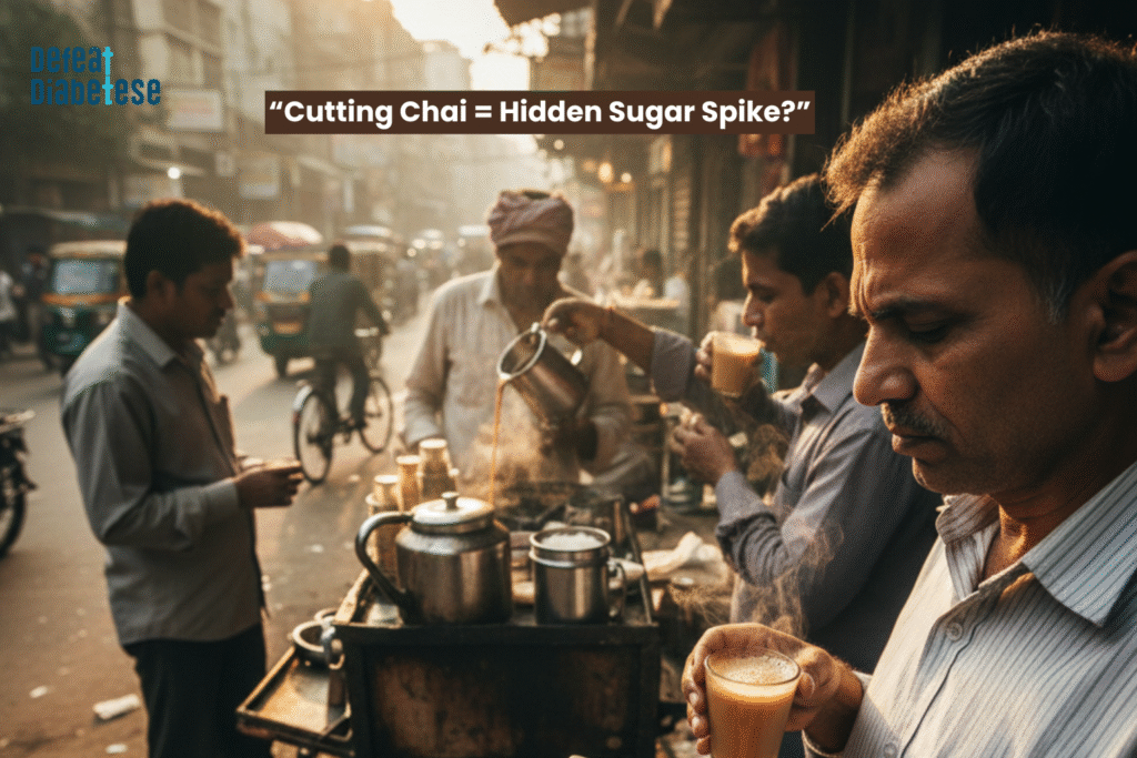 Indian man drinking cutting chai at street tapri, showing hidden sugar in chai and its impact on diabetes, blood sugar spike, and Type 2 diabetes risk in India.