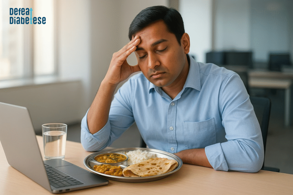 “Indian office worker feeling sleepy after lunch with a plate of roti, rice, dal and sabzi on desk post-meal fatigue and blood sugar spike concept.”