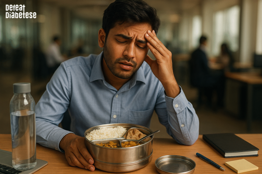Indian office worker feeling dizzy and weak during lunch break, holding his head while sitting at a corporate desk with an open tiffin box containing rice, roti, dal, and sabzi representing post-meal sugar crash symptoms.