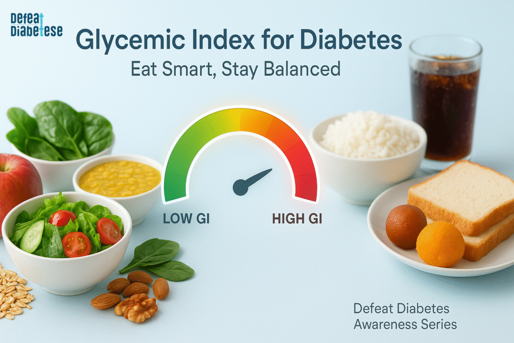 “Low and high glycemic index foods for diabetes awareness Indian foods like brown rice, dal, salad, apple, oats, almonds versus white rice, sweets, and bread shown with GI scale indicating healthy balance.”