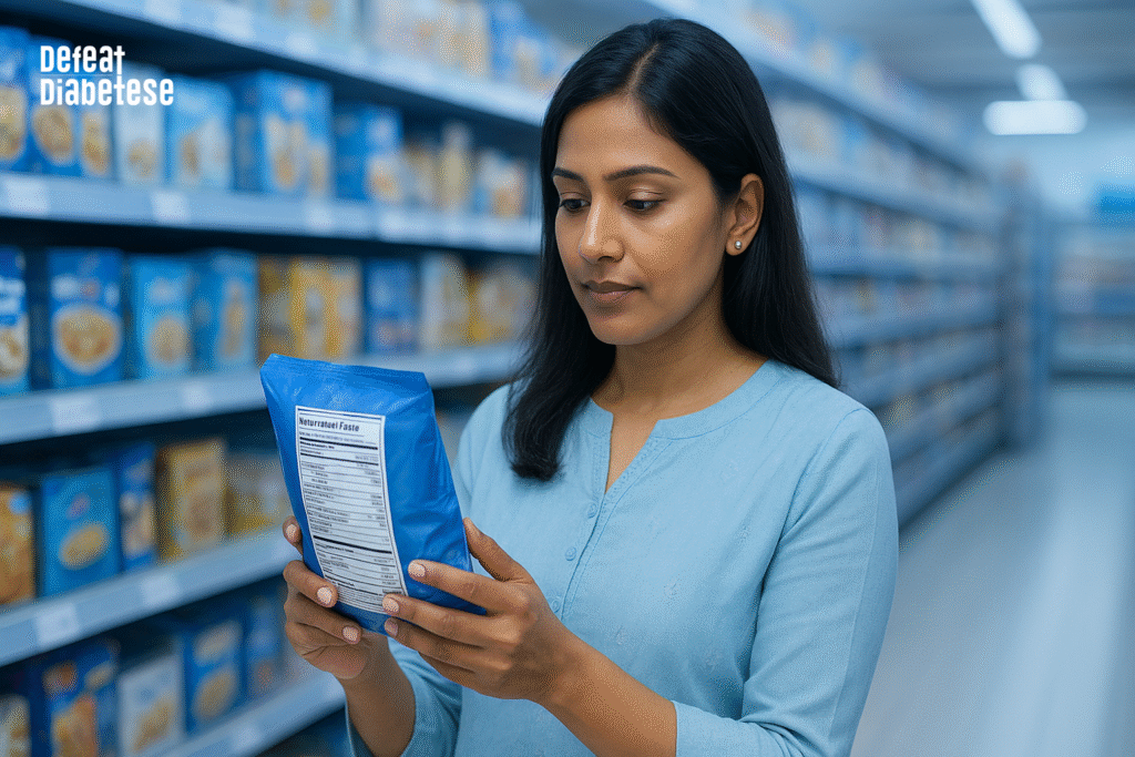 Indian woman in blue top reading a food label carefully in a supermarket aisle, promoting diabetes awareness and mindful eating – Defeat Diabetese.