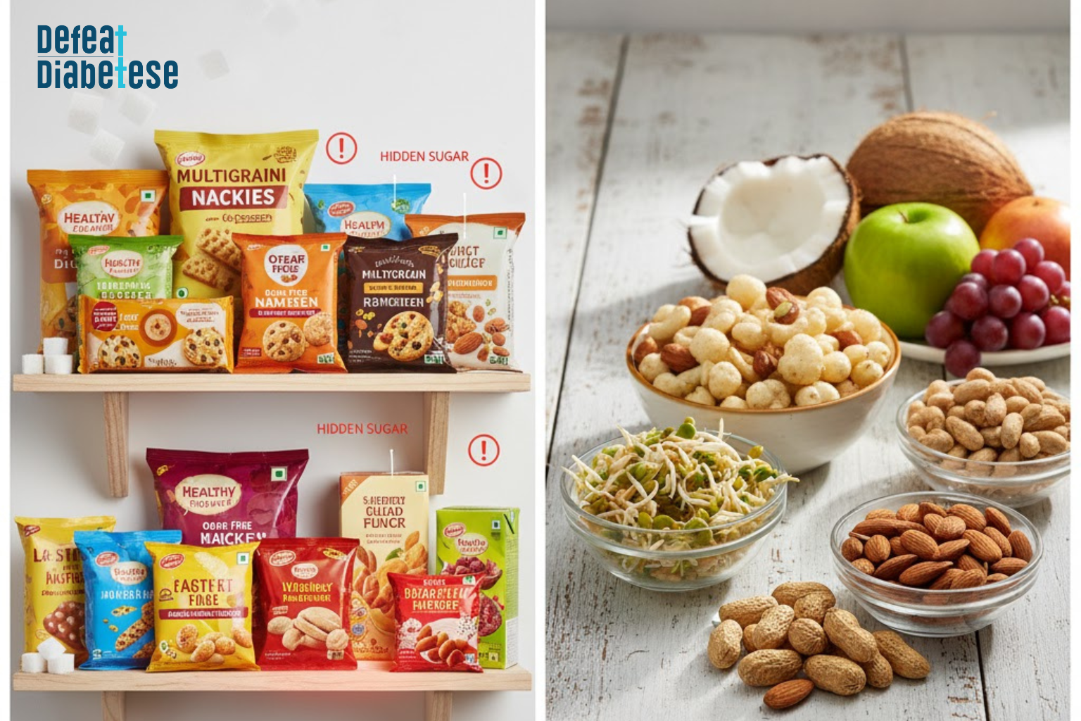 Comparing common packaged “healthy” snacks with real diabetic-friendly whole foods.