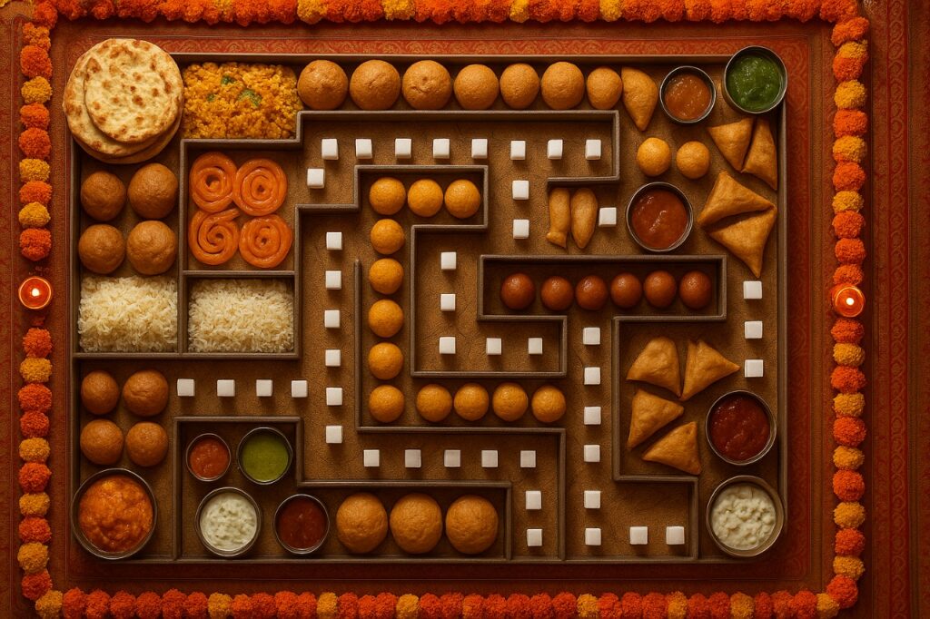 Top-down hyperrealistic photograph of an Indian wedding buffet arranged into a maze shape using festive foods like jalebi, ladoo, gulab jamun, samosas, rice, chutneys, and naan, with white sugar cubes placed along the pathways as danger markers, surrounded by marigold garlands and diya lights.