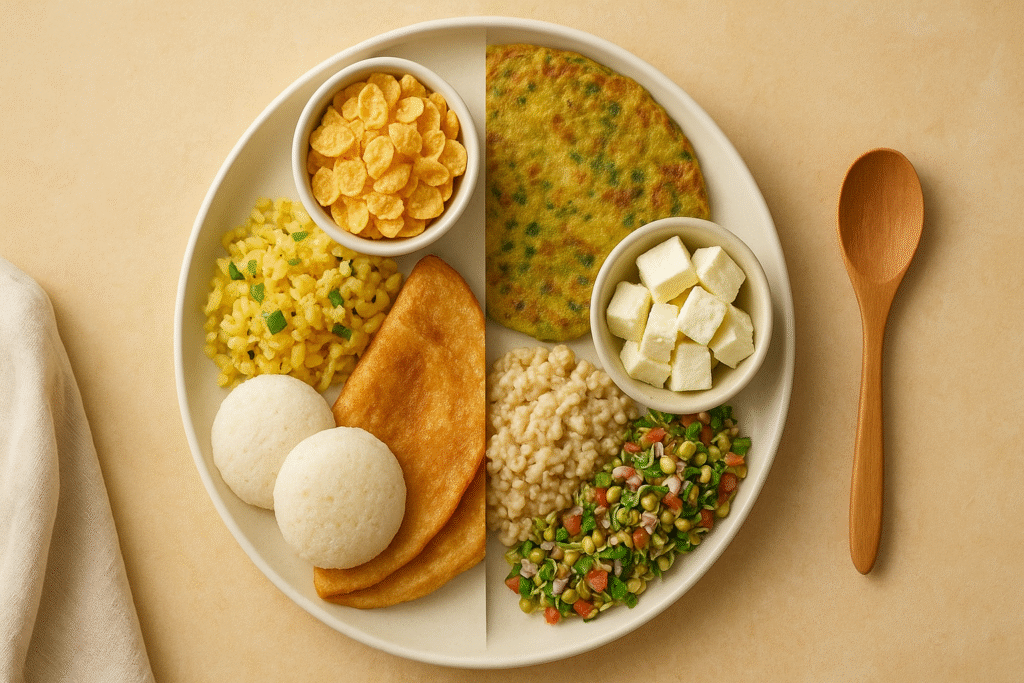 Top-down flat lay of an Indian breakfast plate split into two halves left side showing poha, idli, dosa, and cornflakes; right side showing moong chilla, paneer cubes, oats, and sprouts salad, photographed in warm natural light on a beige background.
