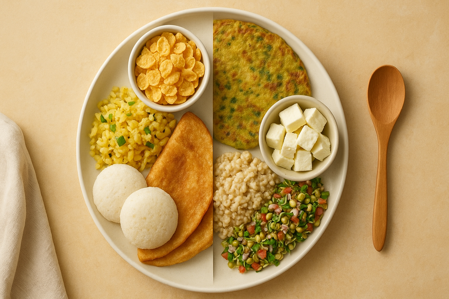 A visual comparison of common Indian breakfasts  high sugar spike foods vs diabetes-friendly options  captured in a clean, warm flat-lay style.