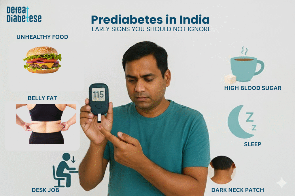 Indian man checking blood sugar with a glucometer reading 115 mg/dL, surrounded by icons showing early signs of prediabetes such as unhealthy diet, belly fat, stress, poor sleep, chai with sugar, and dark neck patch.