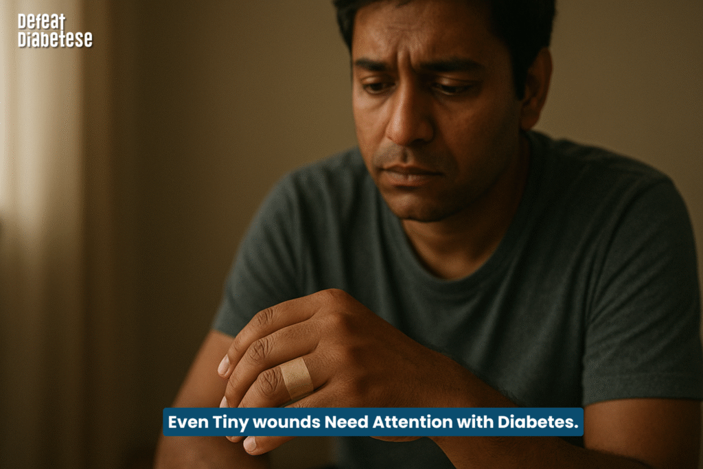 Adult Indian person sitting alone with a bandage on their hand, looking sad and contemplative, highlighting slow healing due to diabetes