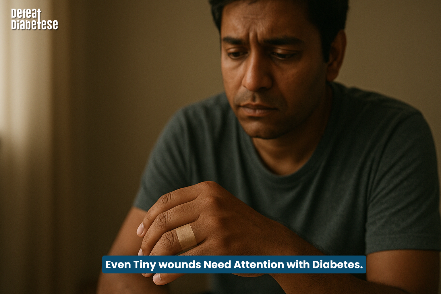 Even tiny wounds need attention with diabetes. 
A small cut or injury may take longer to heal if blood sugar is high. Regular monitoring and proper care are essential to prevent complications. Stay aware, stay safe.