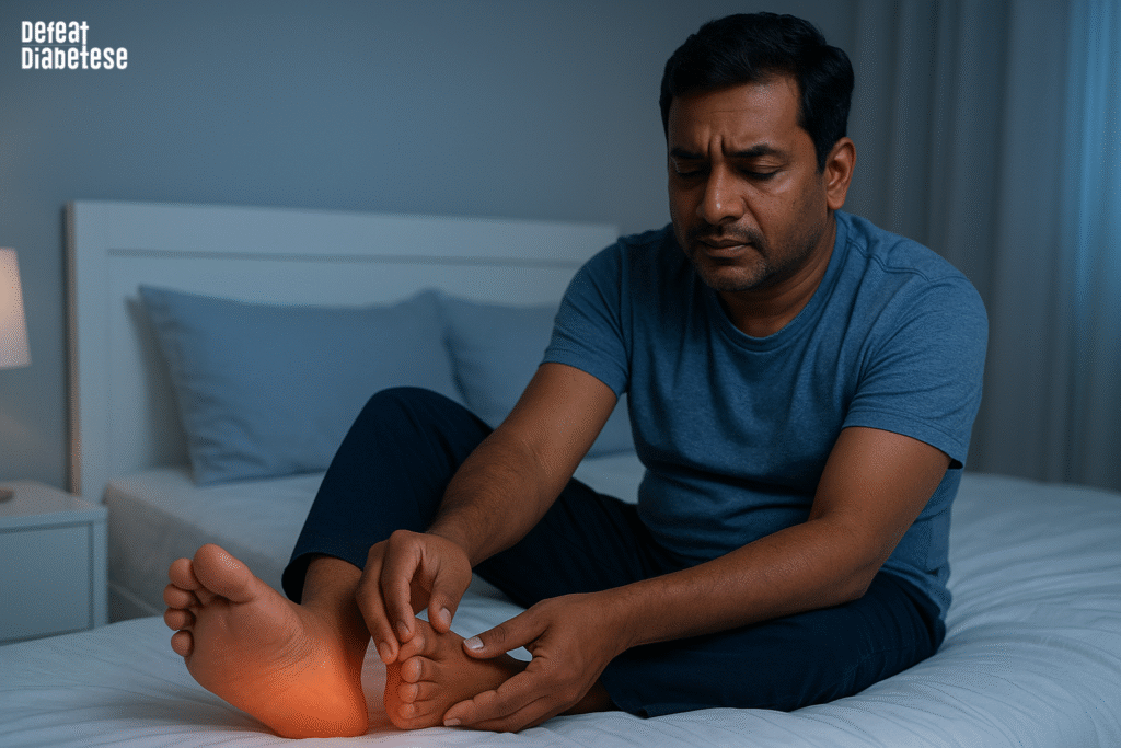 Indian adult experiencing burning feet at night, a possible sign of diabetes-related nerve damage