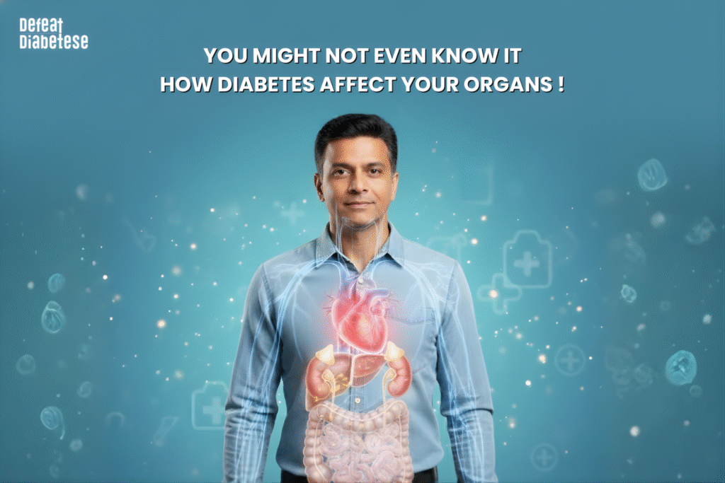Adult man appearing healthy on the outside with transparent body view showing heart, kidneys, liver, and digestive organs affected by diabetes, illustrating silent internal organ damage caused by diabetes.