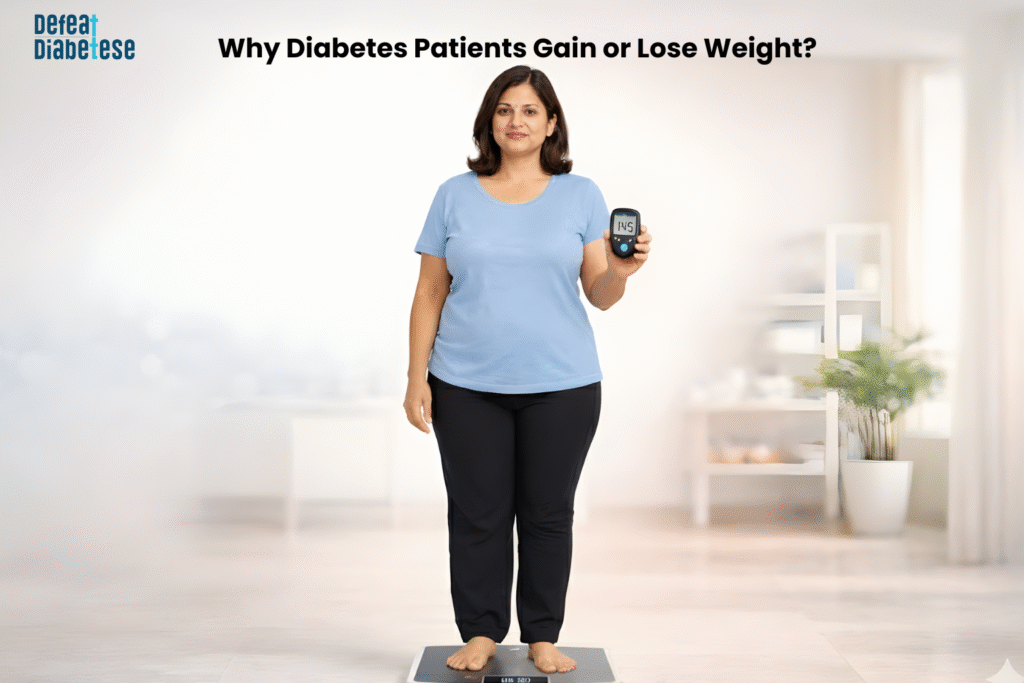 A woman standing on a weighing scale holding a digital glucose monitor, illustrating why diabetes patients experience weight gain or loss.