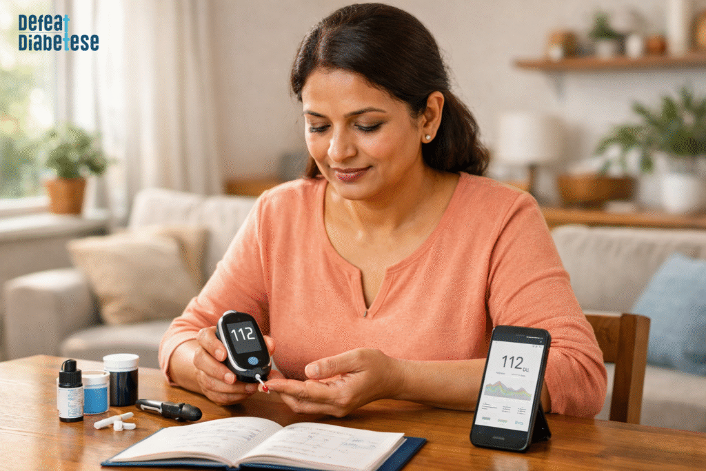 A woman checking her blood sugar with a glucose meter showing a reading of 112, while tracking the data on a smartphone app and a paper logbook.