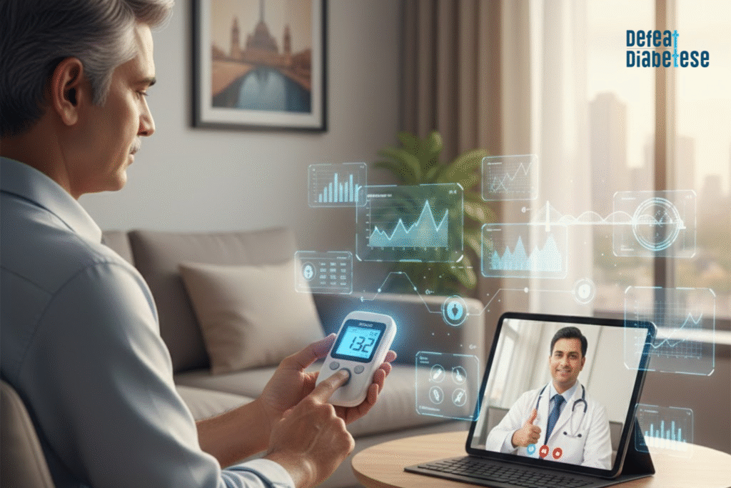 A hand holding a smartphone showing a map with a "Diabetologist Near Me" location pin, with a floating video call window above it featuring a male doctor.