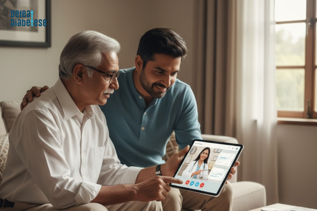 A young man and an elderly man sitting together on a sofa, looking at a tablet during a video call with a female doctor who is presenting health charts.