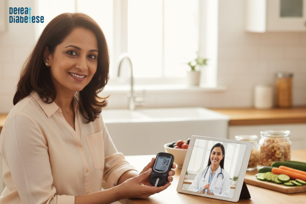 A smiling woman sitting in a kitchen holding a glucose meter showing a reading, with a tablet displaying a video call with a female doctor.