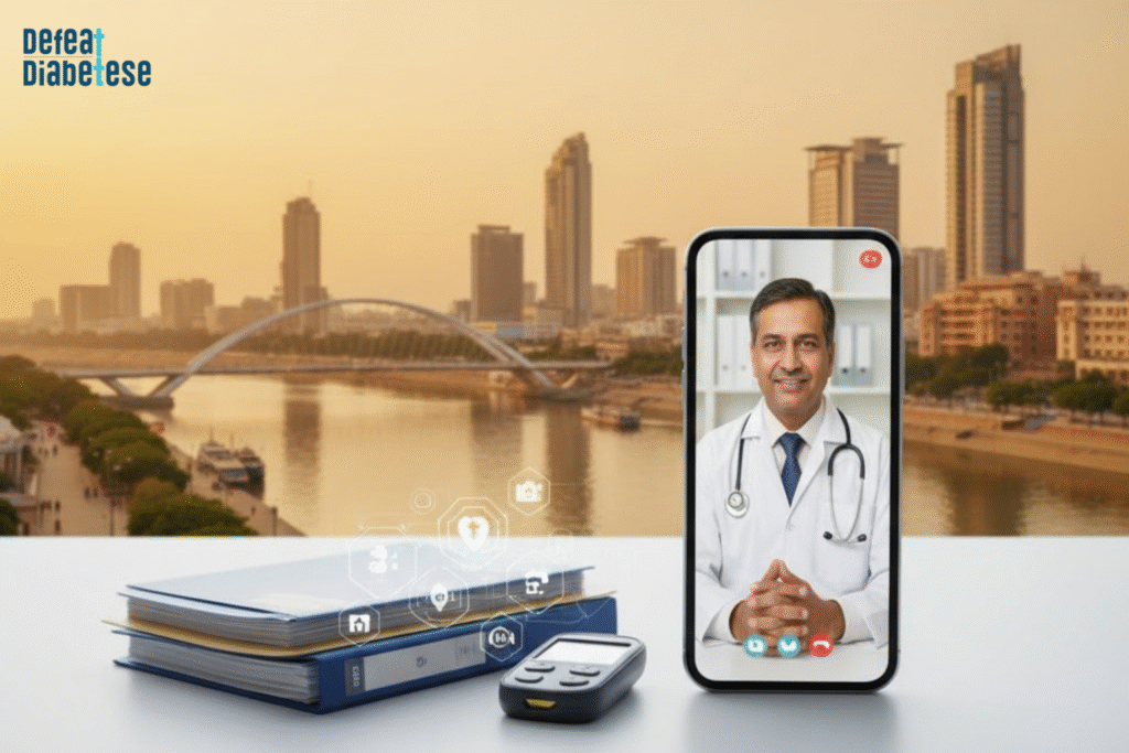 A smartphone displaying a video call with a male doctor in a white coat, placed next to a glucose monitor and medical files with a city skyline background.